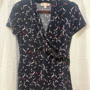 Philosophy Navy Floral-Print Draped V-Neck Top with Pink and Red Accents